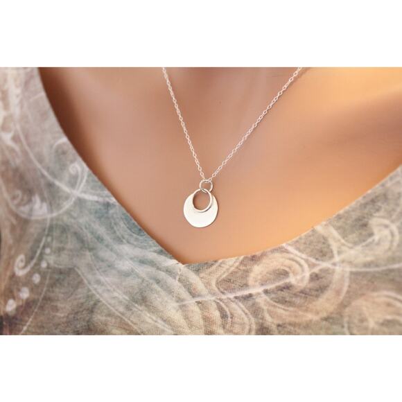 Sterling Silver Flat Plate Circular Pendant Necklace - Picture 2 of 2